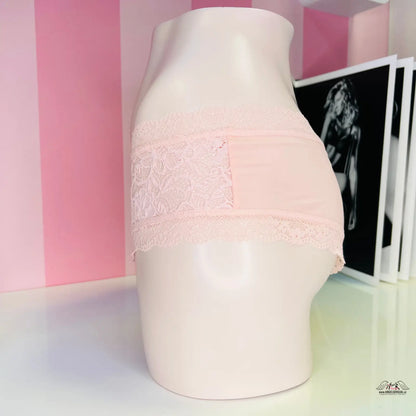 Pink lace-trimmed nízce střižené kalhotky Victoria’s Secret s mašličkou