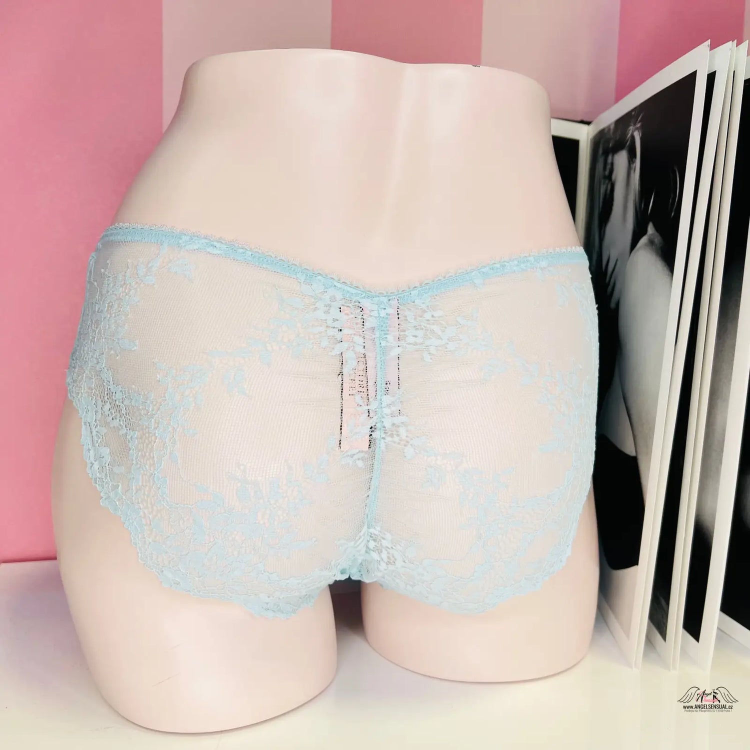 Light blue zadní straně kalhotky Victoria’s Secret s jemnou krajkou na manekýnu