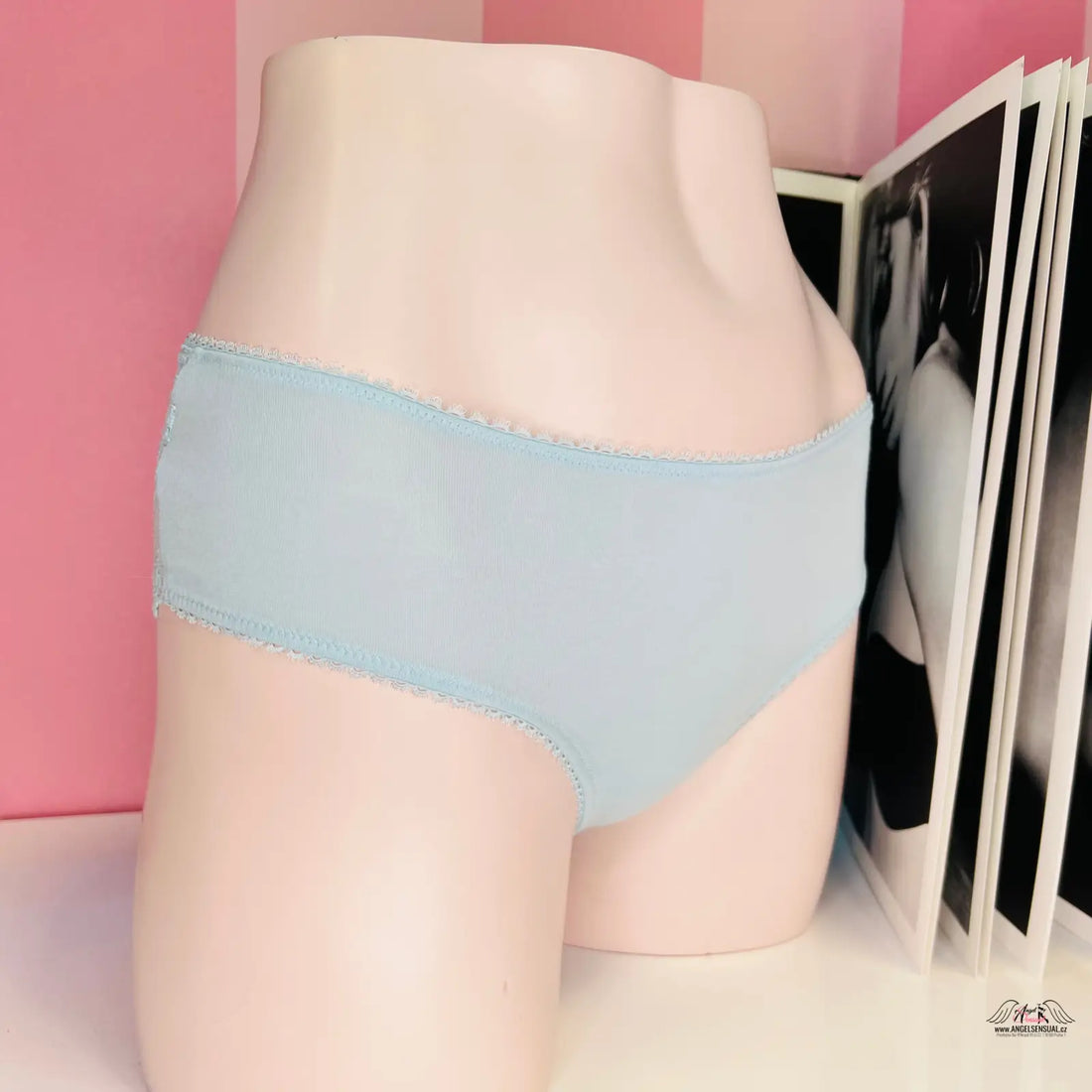 Light blue Victoria’s Secret kalhotky s krajkou na modelu, zadní straně jemnou krajkou