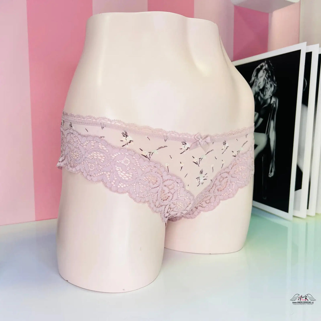 Pale pinké kalhotky s širokou krajkou a lemuje třísla na modelu, přední straně
