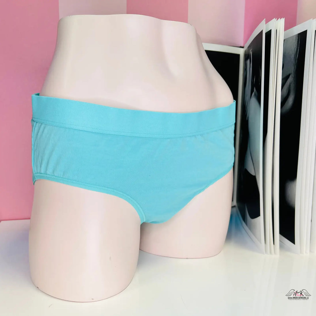 Turquoise kalhotky s vyšším pasem na manekýně, Victoria’s Secret mírně vyšším pasem