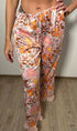 Floral print lounge pants in pink, orange a white tones with elastic waistband, kalhoty satin floral