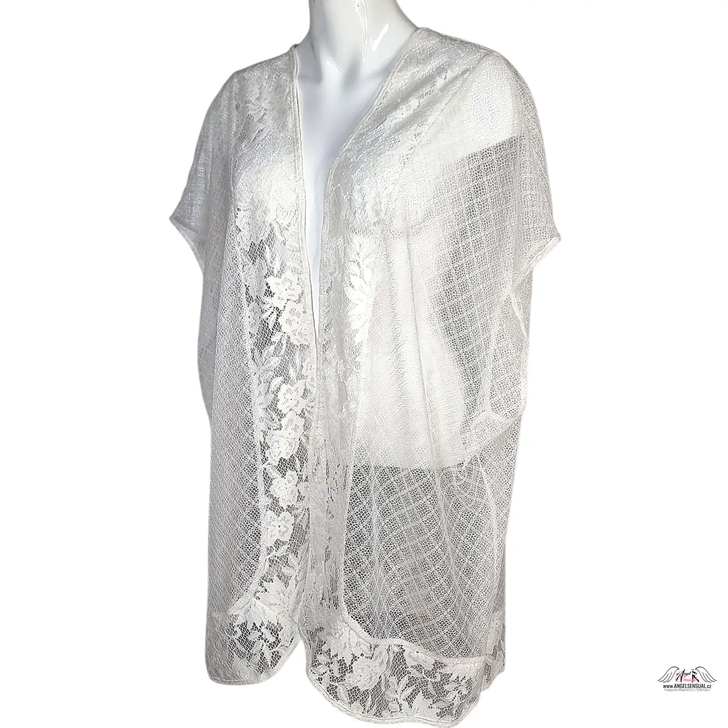 Svůdný průsvitný síťovaný bílý lace kimono shrug pro elegantní vzhled