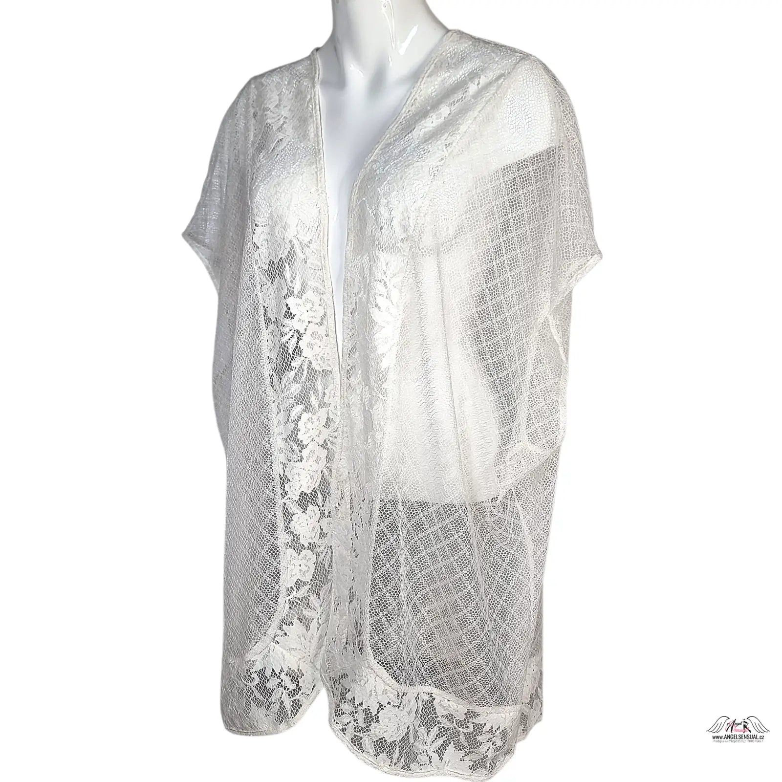 Svůdný průsvitný síťovaný bílý lace kimono shrug pro elegantní vzhled