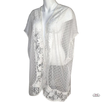 Svůdný průsvitný síťovaný bílý lace kimono shrug pro elegantní vzhled