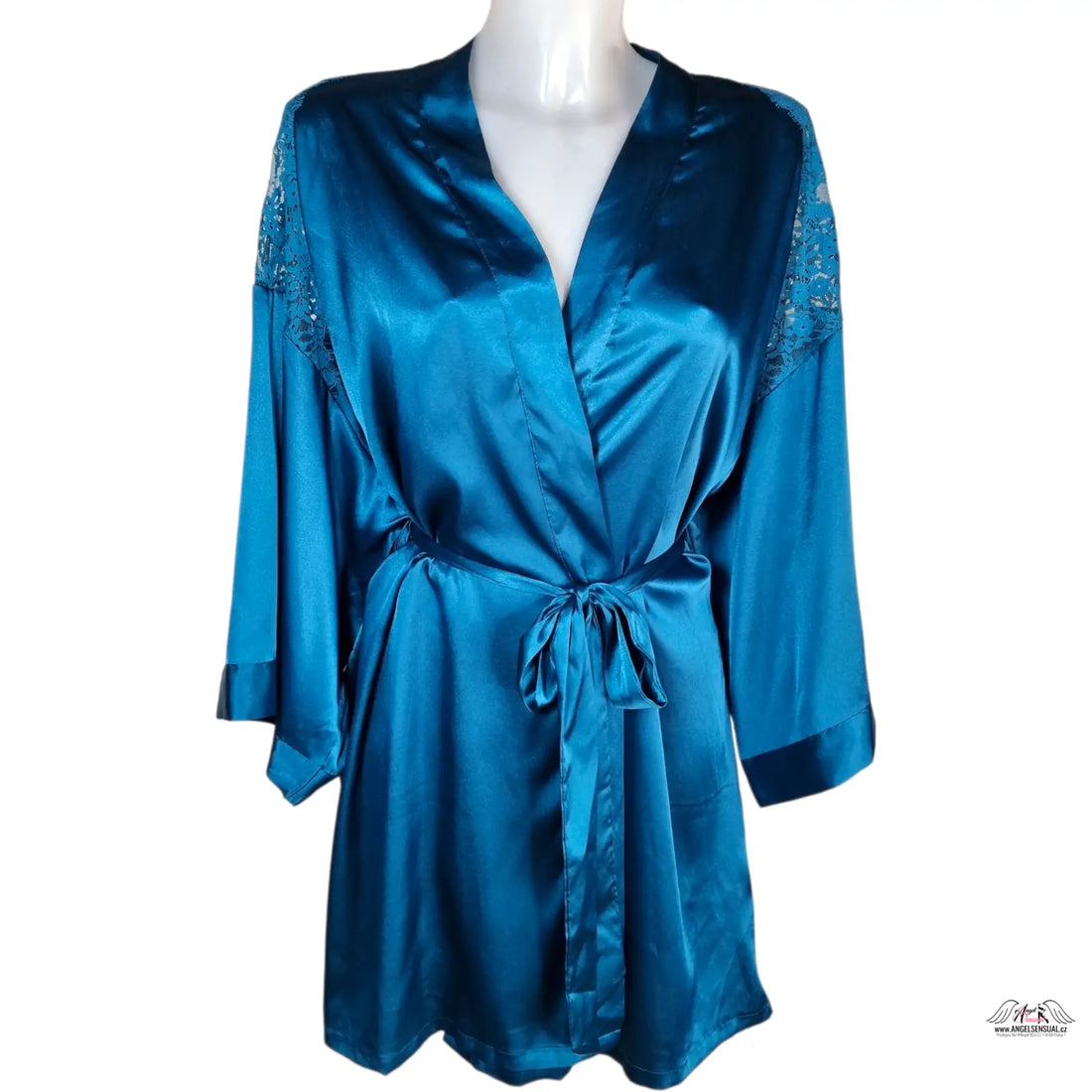 Luxusní petrolejový Župánek Victoria’s Secret s krajkou, saténový s páskem a krajkou