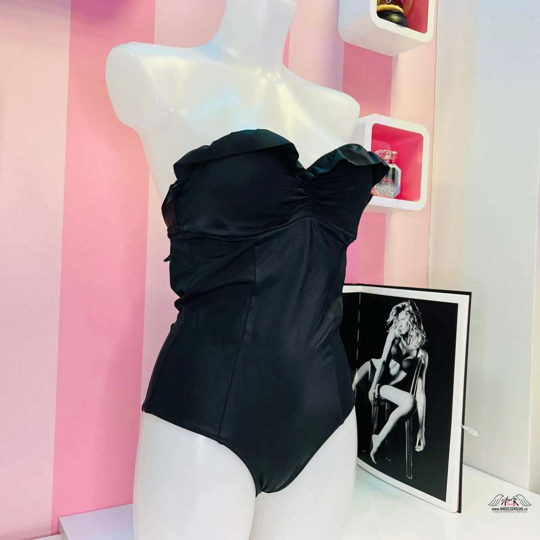 Black strapless jednodílné plavky Victoria’s Secret Monroe II s rýhovaným detailem