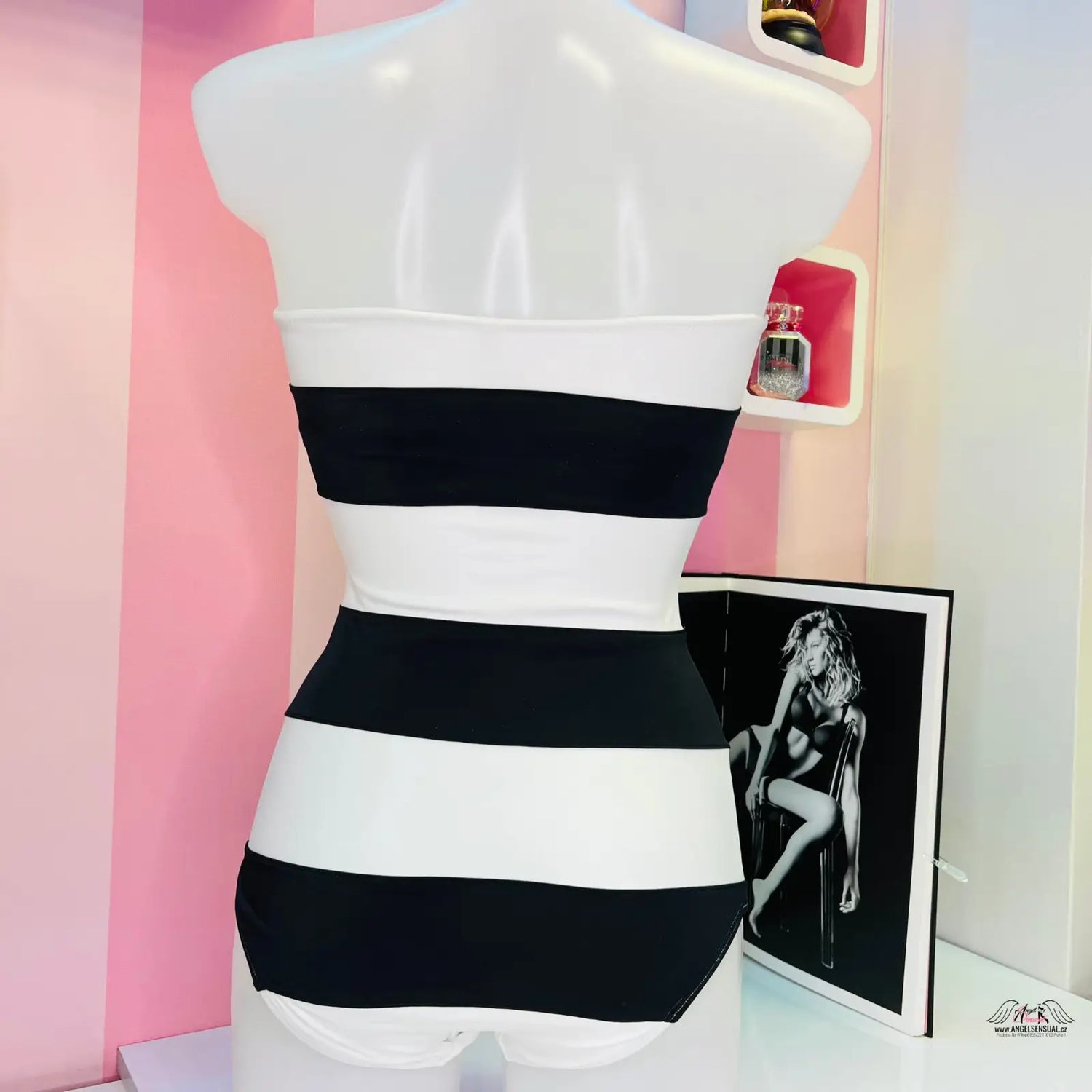 Bílá a černá pruhovaná strapless formová šablona Victoria’s Secret Plavky Striped