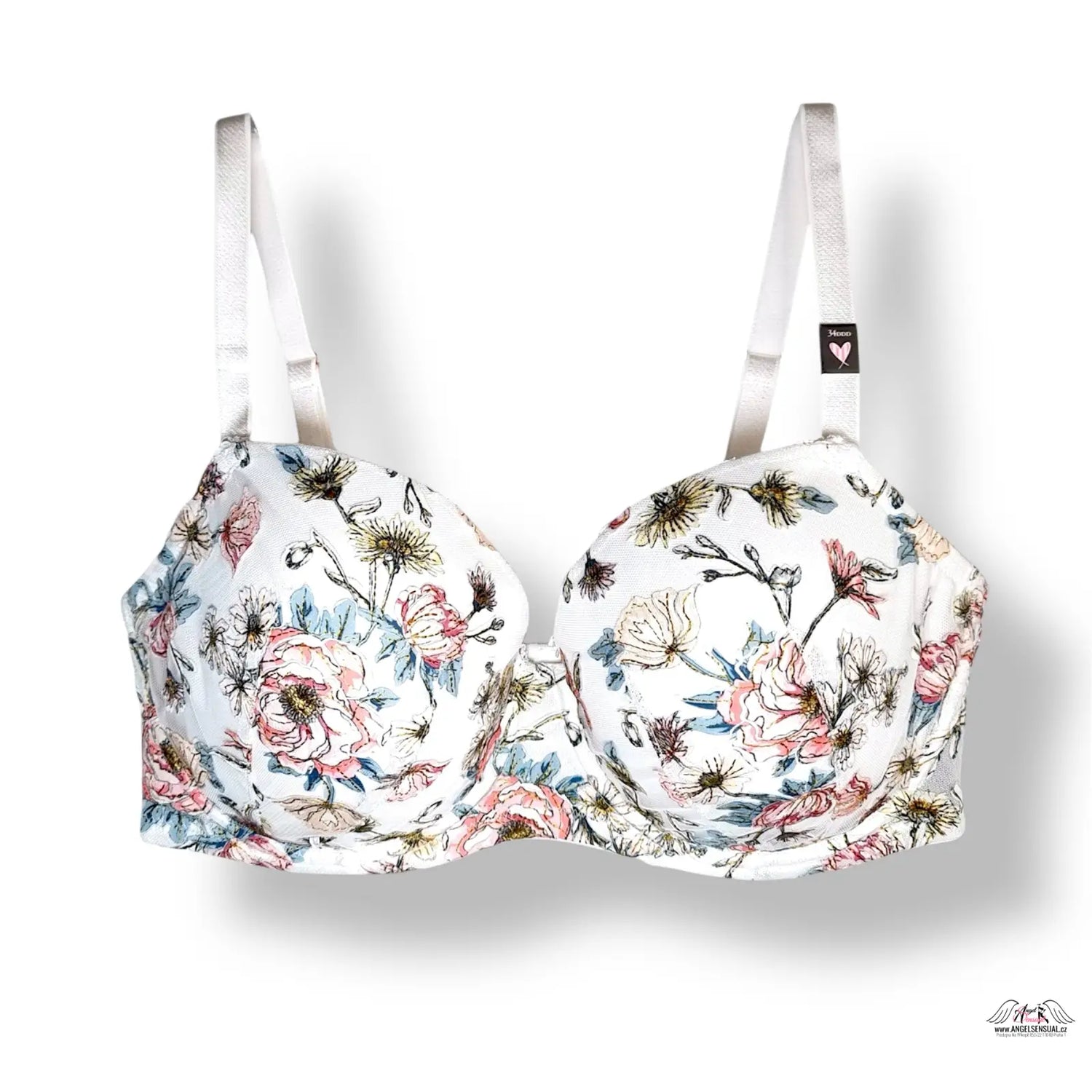Elegantní síťovaná podprsenka s květinovým vzorem a stříbrnými popruhy