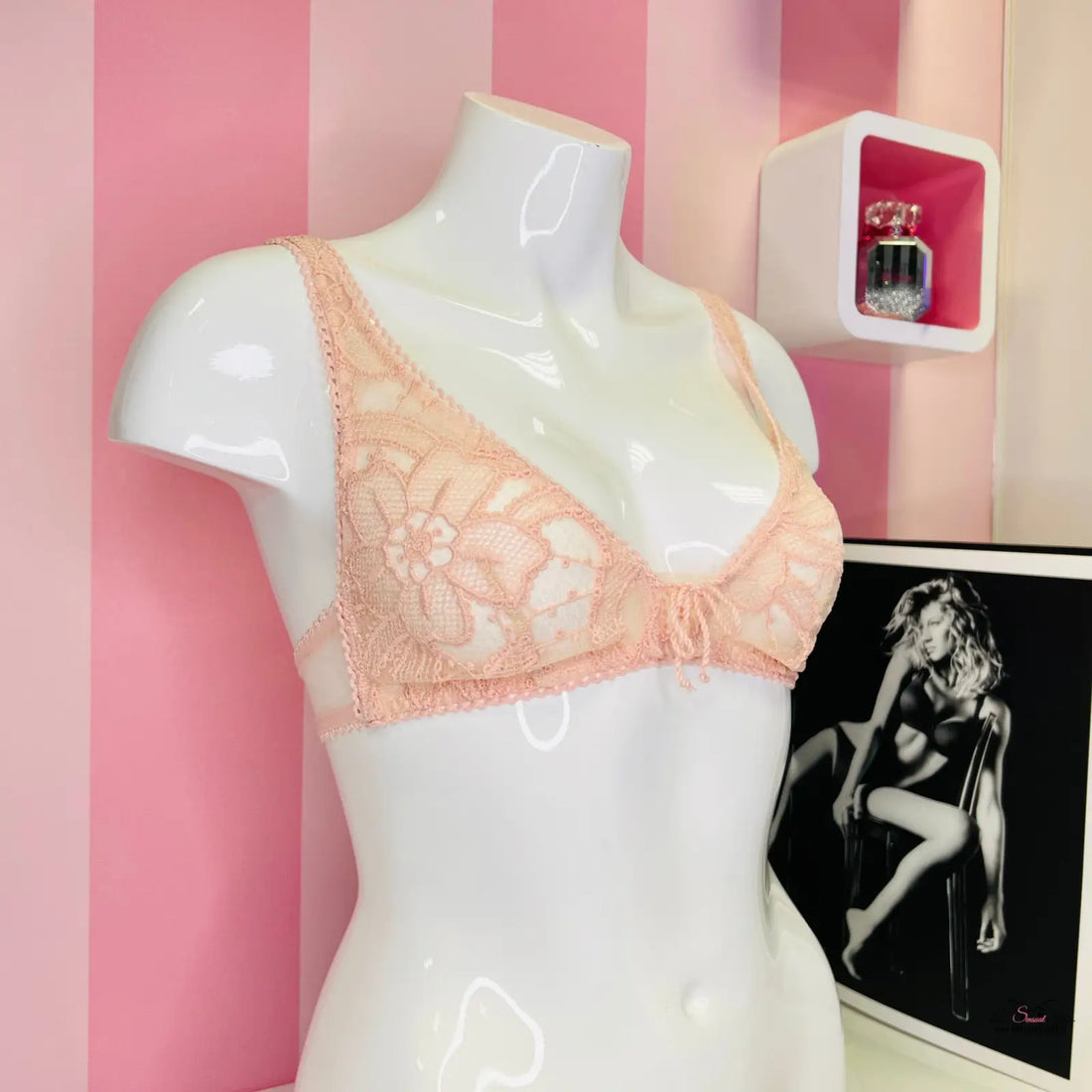 Manekýn s krajkovou braletkou Victoria’s Secret s nastavitelnými ramínky a obrázek ženy