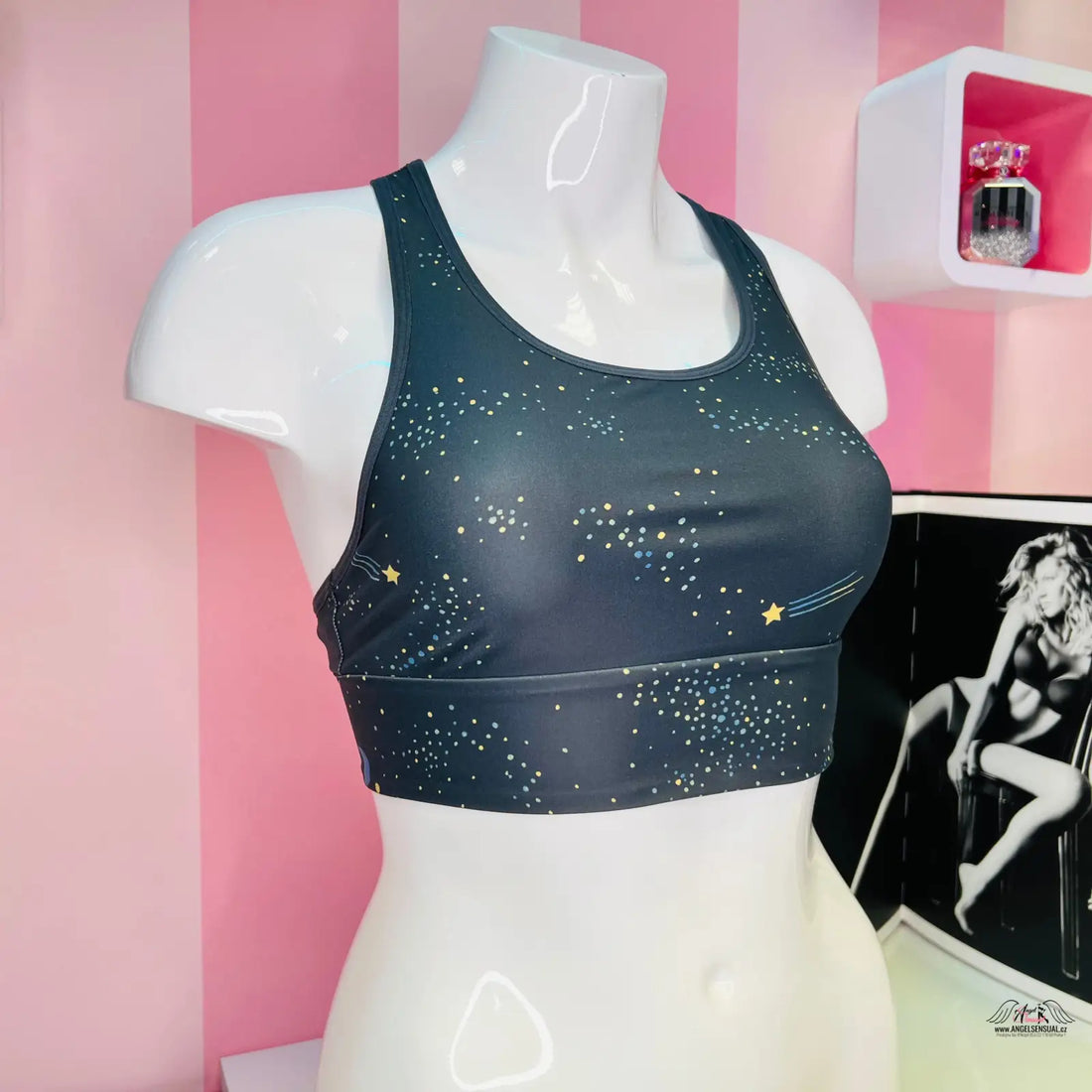 Dark blue sportovní podprsenka planets s hvězdami a vesmírným motivem