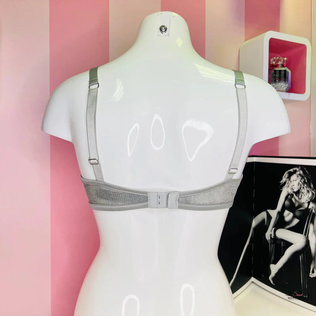 Manekýn s obrázkem ženy na luxusní stříbrné podprsence Victoria’s Secret Podprsenka Stříbrná Síťovaná