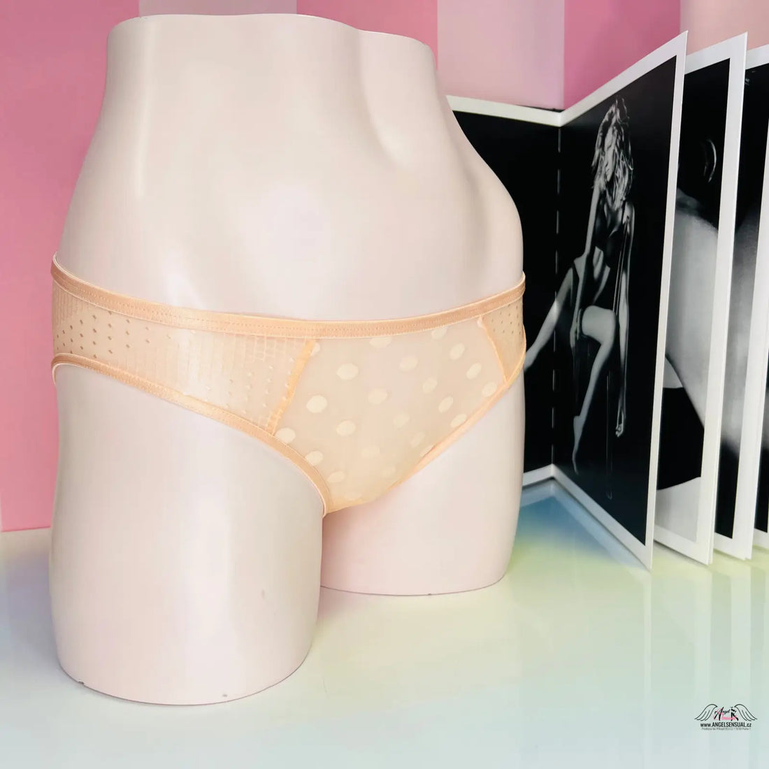 Ceramic mannequin torso s peach průsvitné kalhotky s puntíky, sexy průsvitné kalhotky