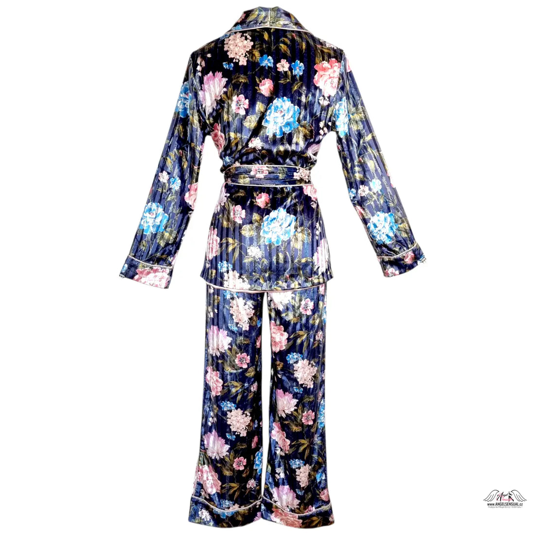 Floral print velvet lurex pyžamový set s županem a kalhotami v navy, růžové a modré barvě