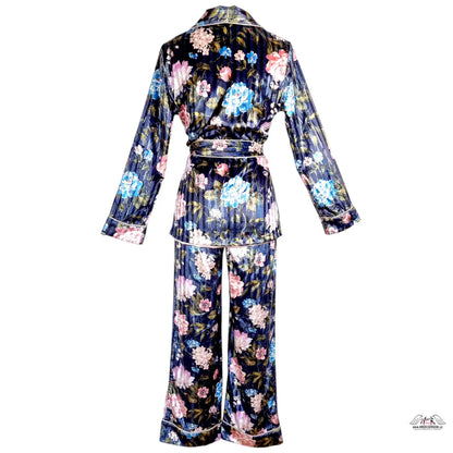 Floral print velvet lurex pyžamový set s županem a kalhotami v navy, růžové a modré barvě