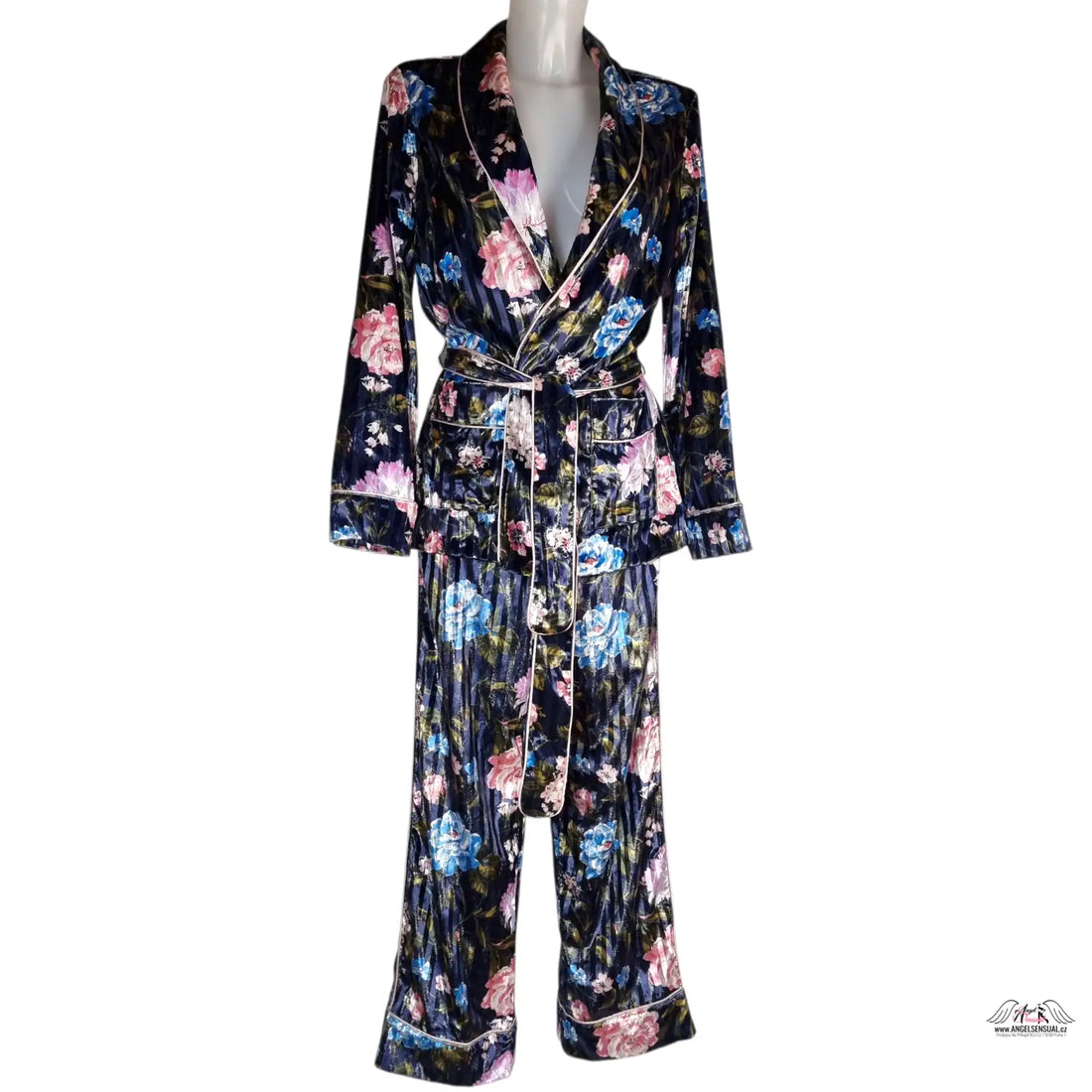 Black květinovým potiskem velvet lurex pyžamový set s bílým lemem, Victoria’s Secret