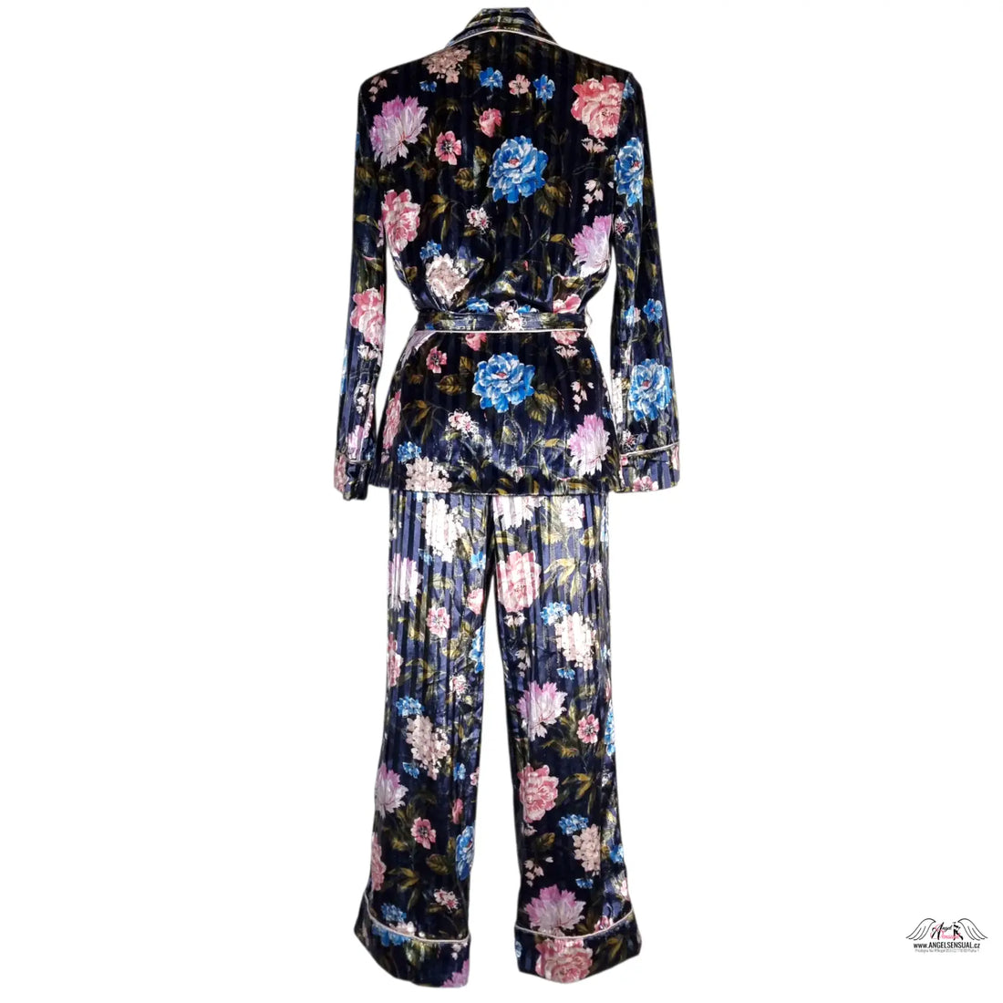 Floral velvet lurex pyžamový set s bílým lemem, elegantní květinovým potiskem velvet