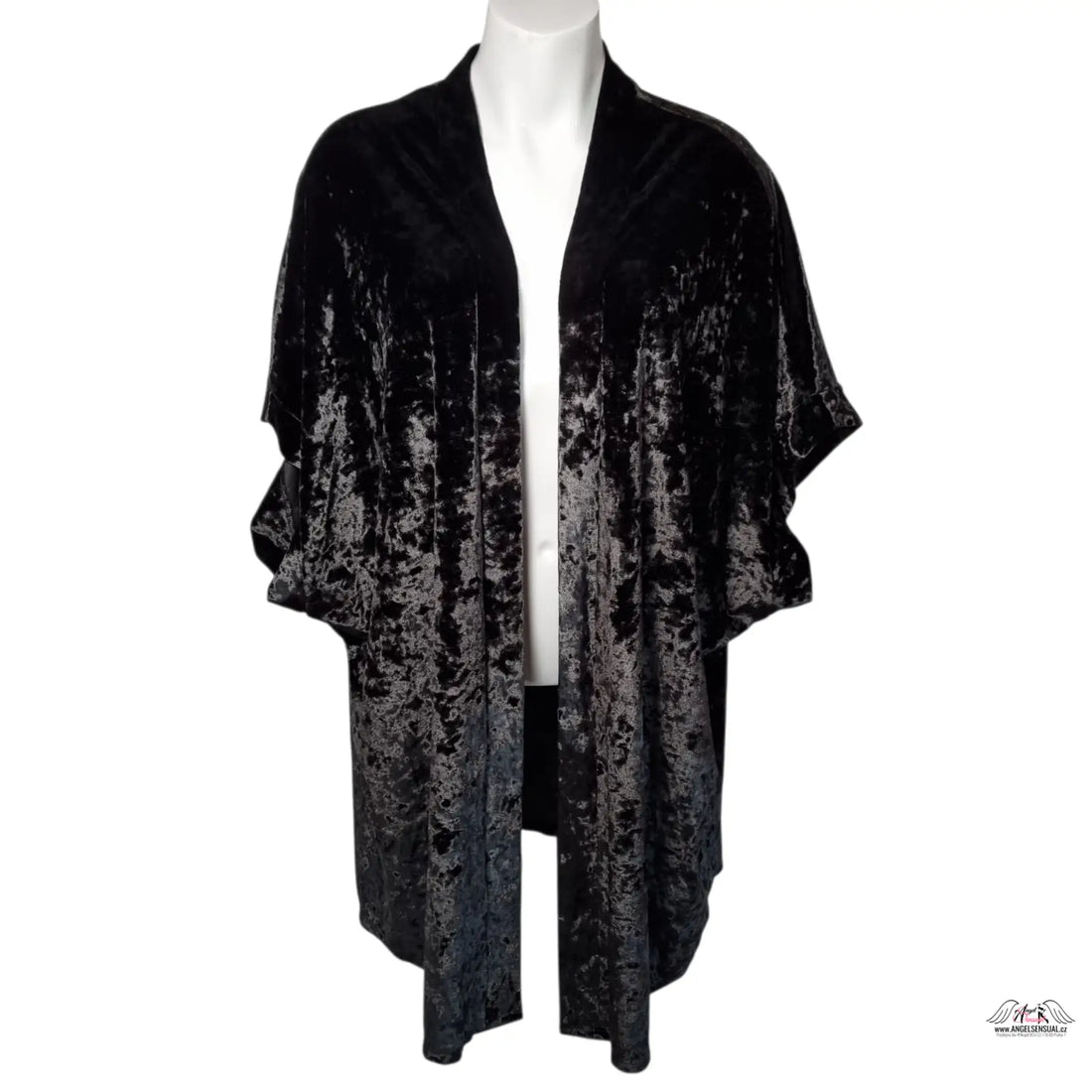 Černé sametové kimono s otevřeným předním dílem, luxusní sametové kimono