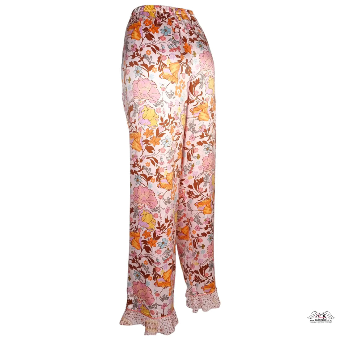 Pink floral print wide-leg satin kalhoty Victoria’s Secret s ruffled lace hems