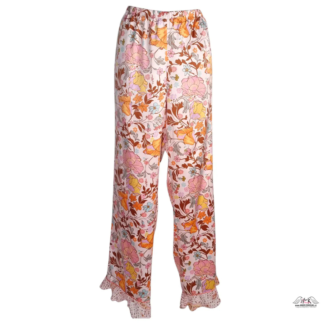 Pink floral print wide-leg satin trousers with ruffled hems from Victoria’s Secret