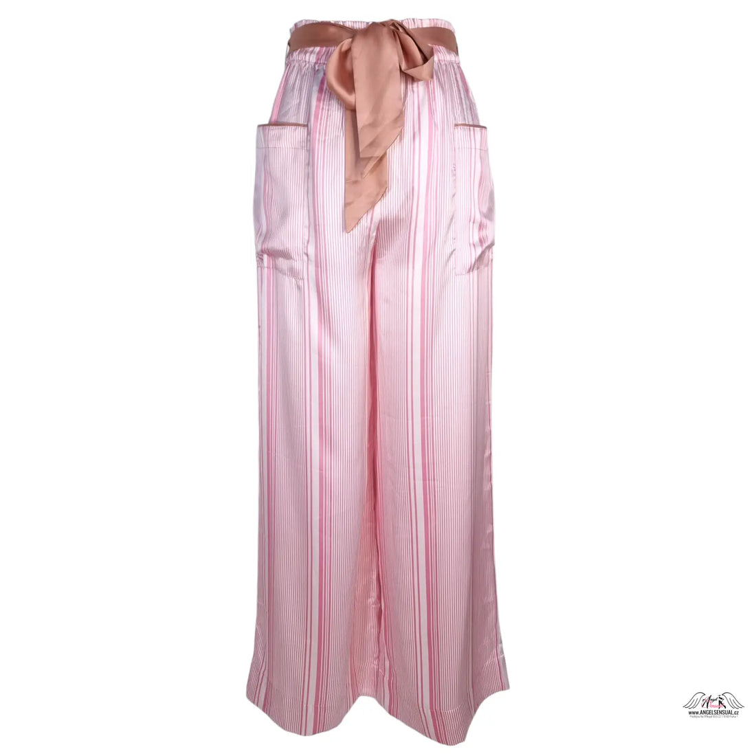 Luxusní pruhované saténové široké kalhoty Victoria’s Secret s mašlí a kapsami