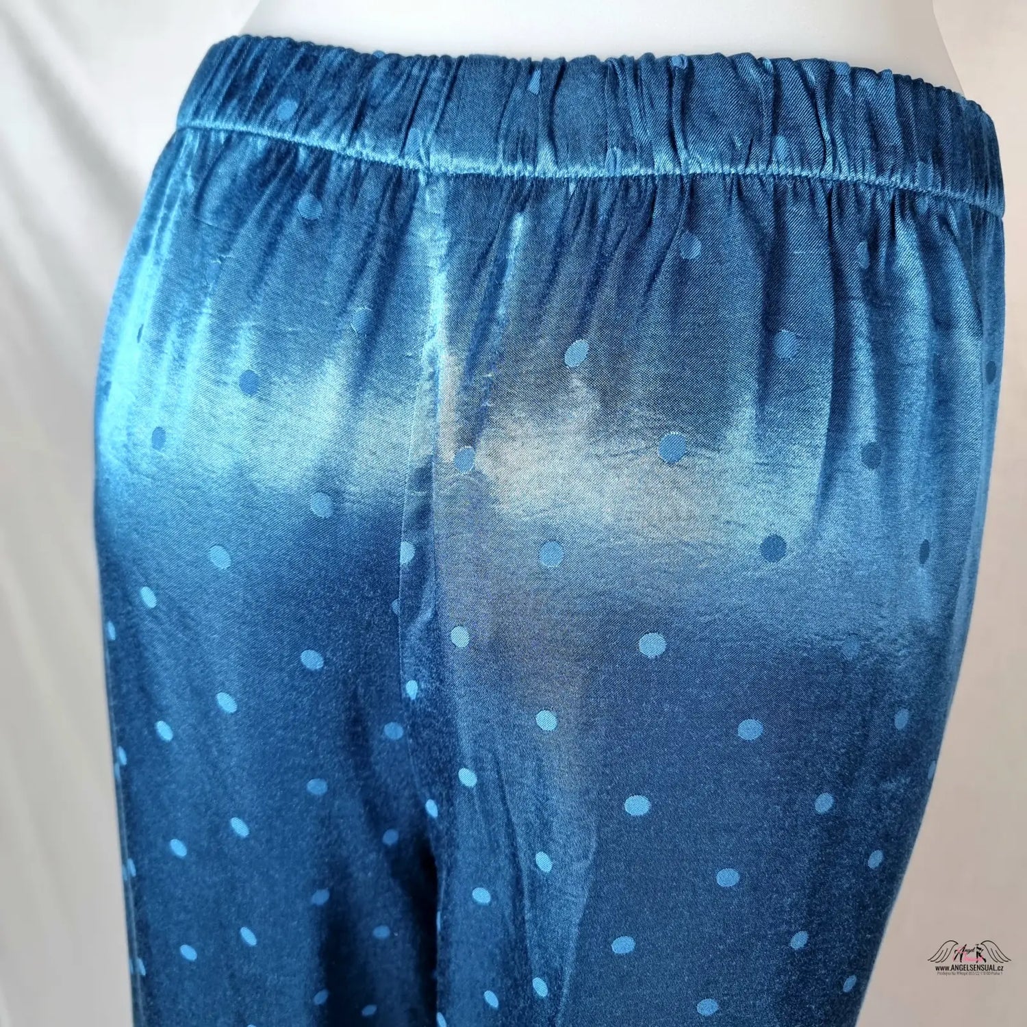 Modré hedvábné saténové kalhoty s puntíky a elastickým pasem, Victoria’s Secret