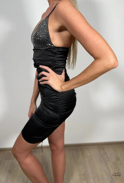 Victoria’s Secret Love for Lemons saténové šaty s černým ruchem a rhinestone halter
