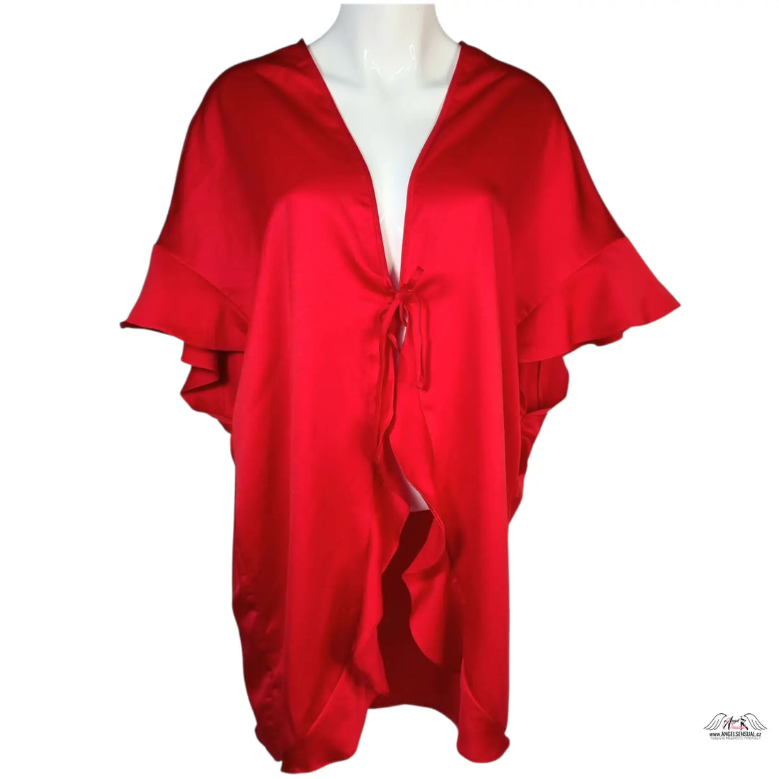 Red saténový župánek Victoria’s Secret Love s ruffled sleeves zádech apparel &amp; accessories