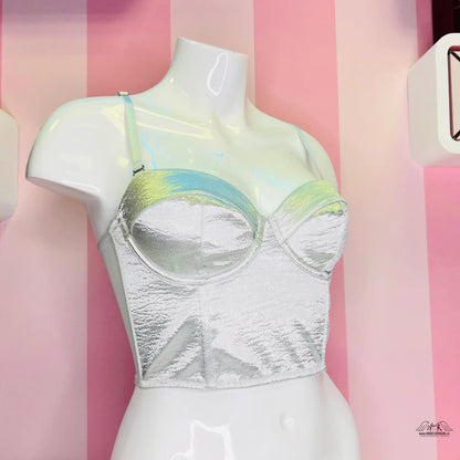Stříbrný korzet Victoria’s Secret s nastavitelnými ramínky a iridescentními pásky