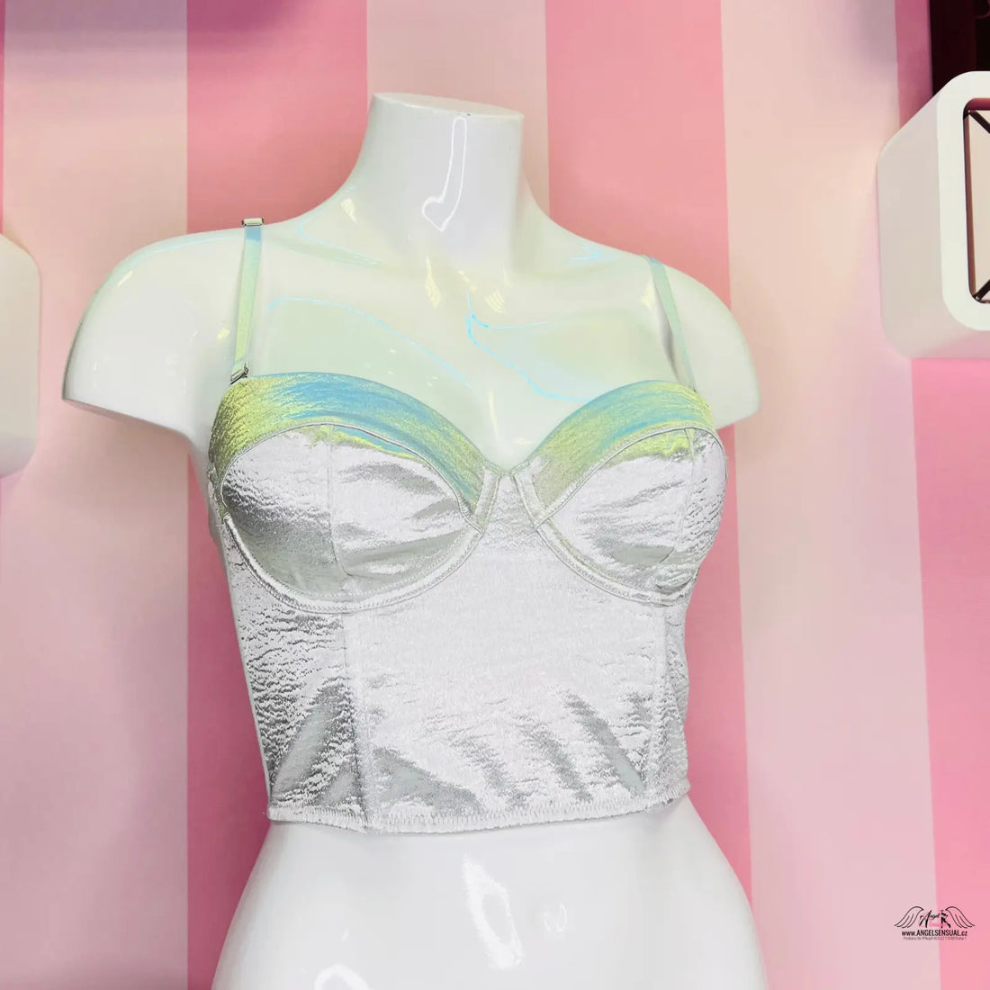 Stříbrný korzet Victoria’s Secret s nastavitelnými ramínky a iridescentními zelenými pásky
