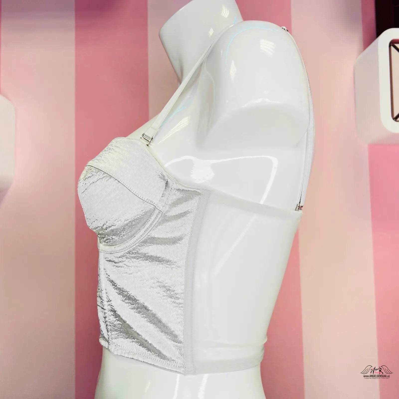 Bílý korzet bez ramínek Victoria’s Secret s nastavitelnými ramínky a stříbrný korzet