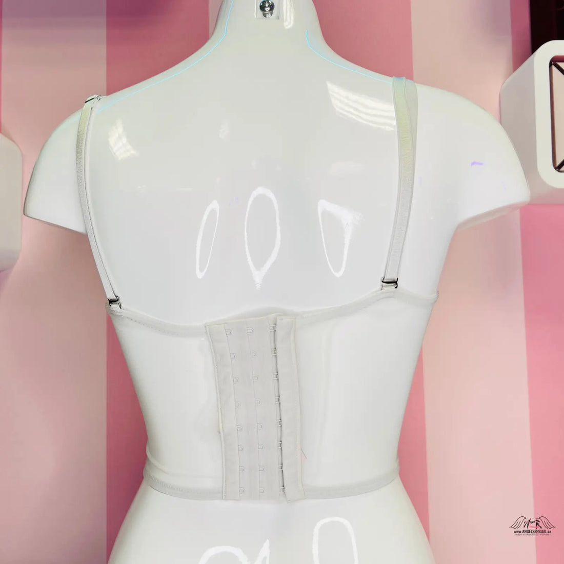 Bílá manekýnská torzo s nastavitelnými ramínky, stříbrný korzet Victoria’s Secret