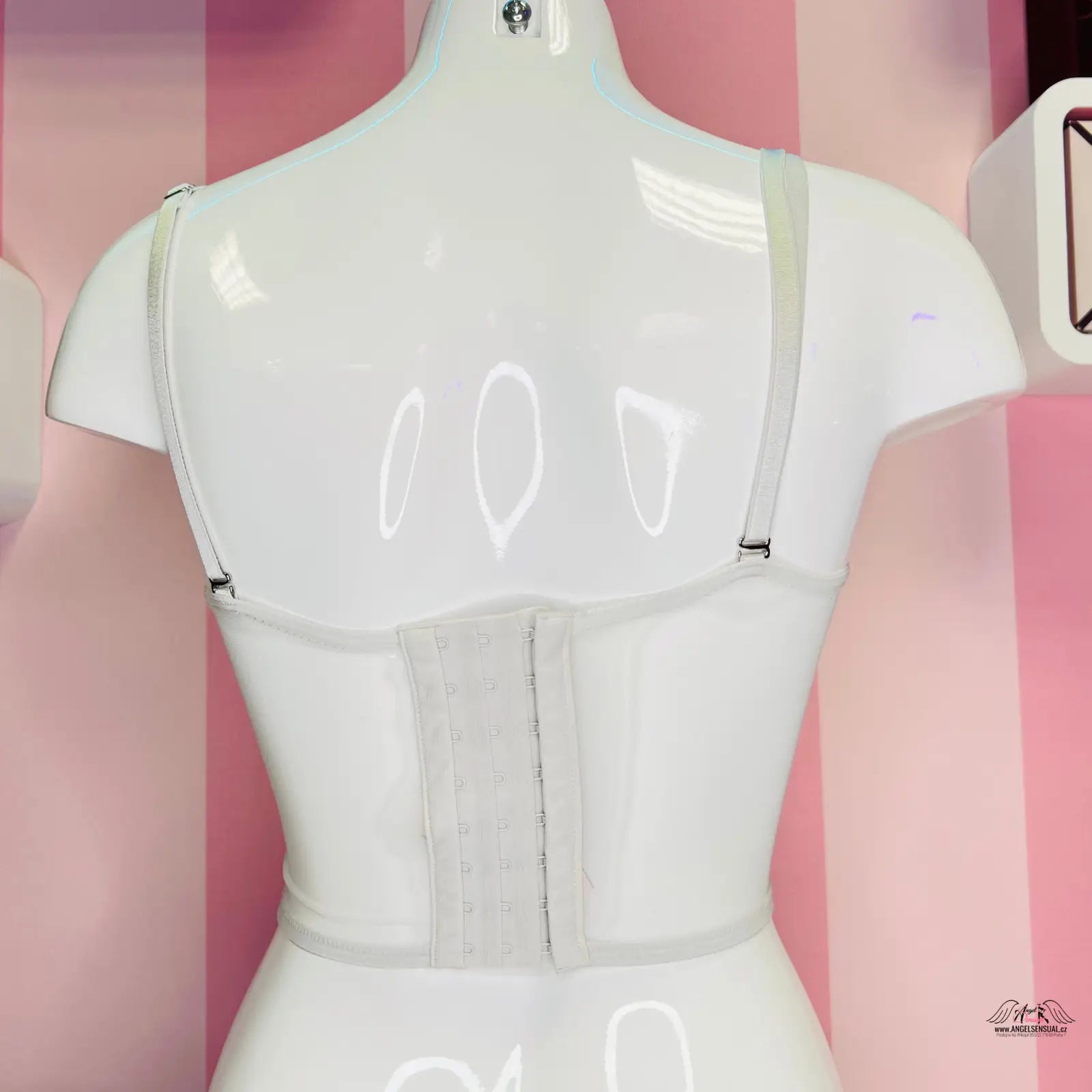 Bílá manekýnská torzo s nastavitelnými ramínky, stříbrný korzet Victoria’s Secret