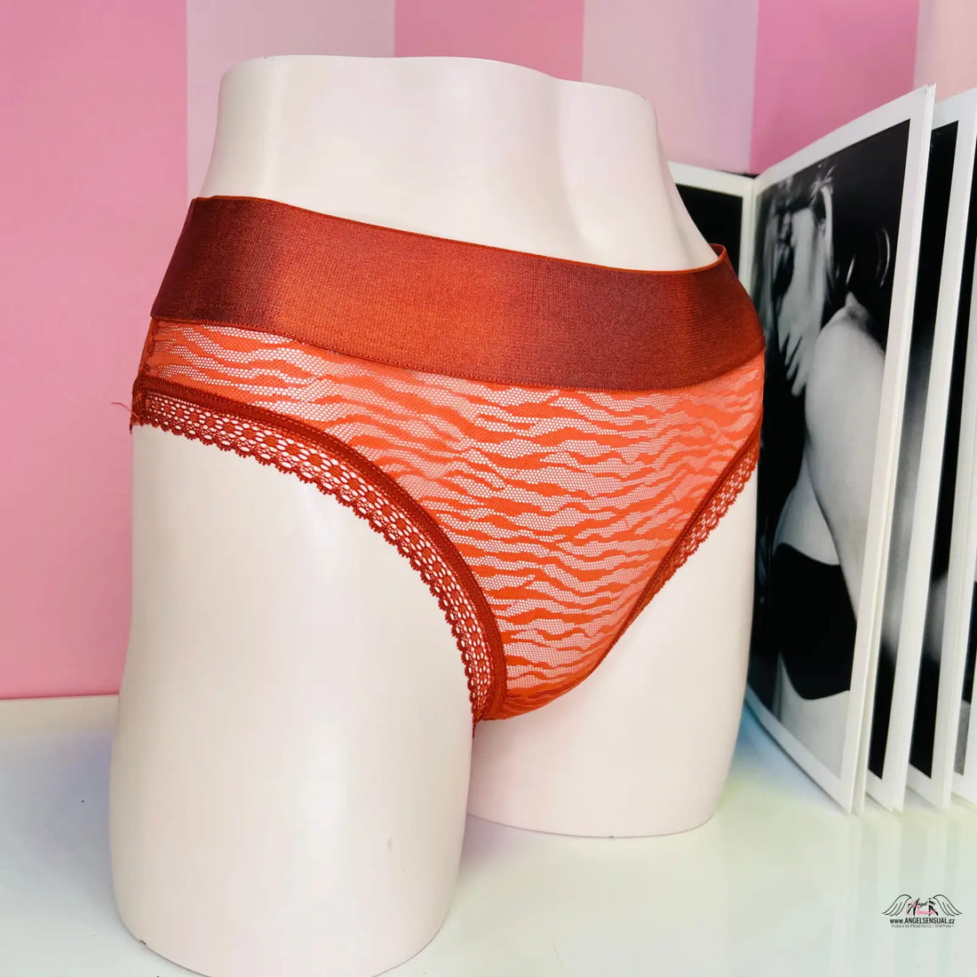 Obrázek ženských síťovaných kalhotek s krajkovým lemem a vysokým pasem v barvě červené