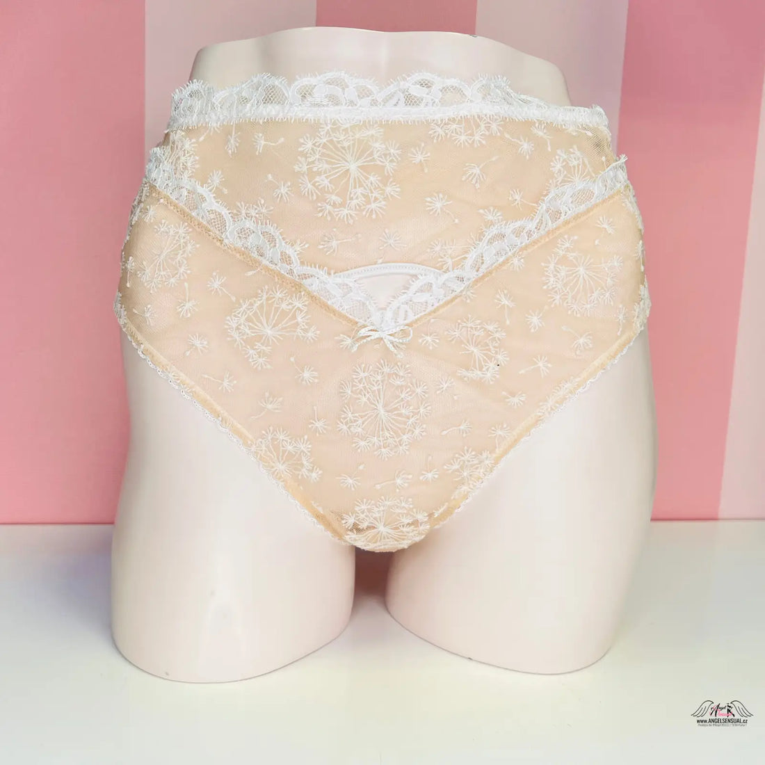 Peachové síťované tanga s vysokým pasem a krajkovým lemem od Victoria’s Secret