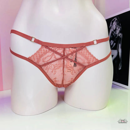 Pink lace and mesh panties on mannequin form, Victoria’s Secret Strappy Tanga, sexy strappy tanga