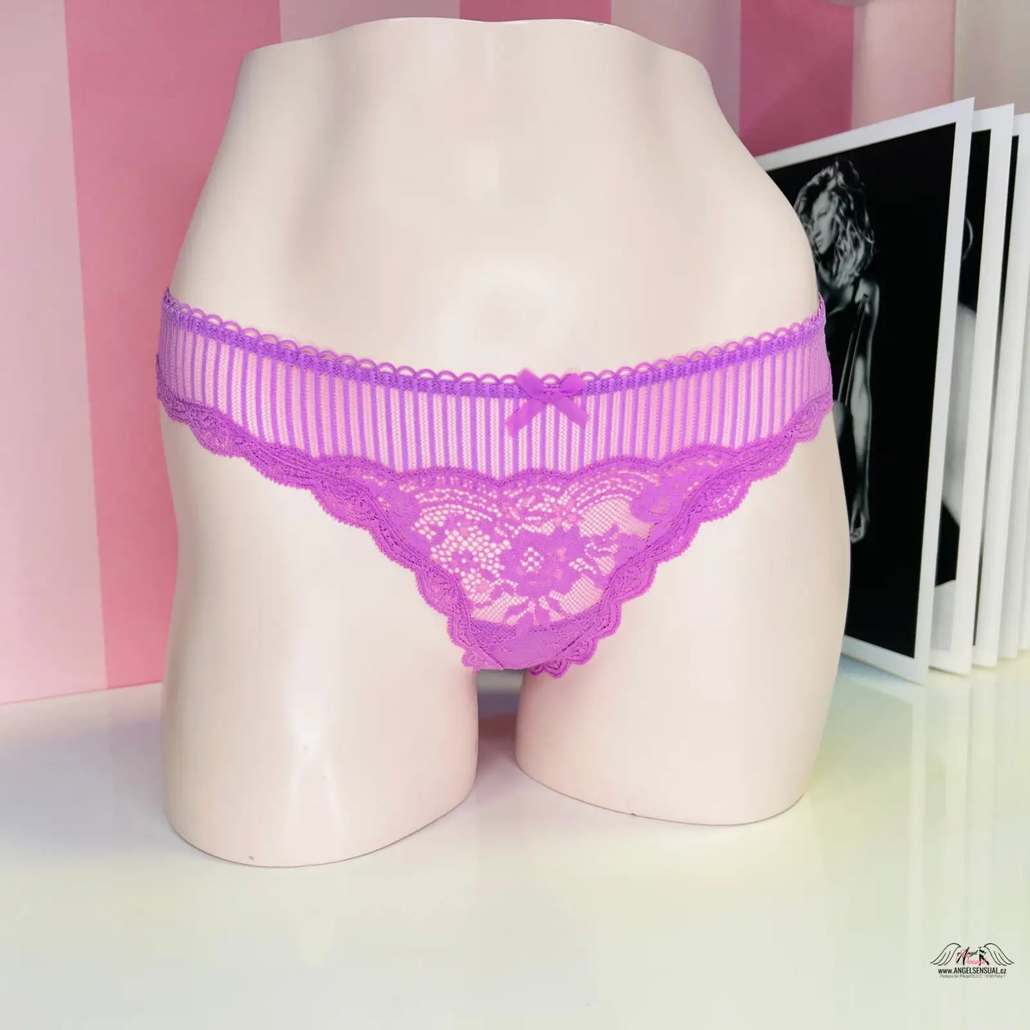 Elegant secret lingerie featuring purple striped and lace panties from Victoria’s Secret Tanga s Krajkou