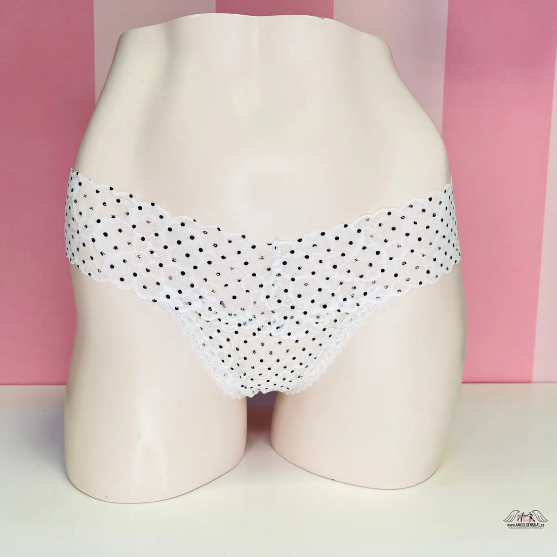 Bílá puntíkovaná krajková tanga Victoria’s Secret s černými puntíky a elegantním designem