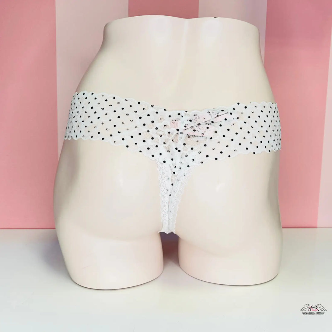 Puntíkované krajkové tanga Victoria’s Secret s růžovým mašličkou a černobílým puntíky