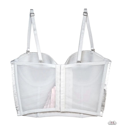 Bílá průhledná síťová podprsenka s nastavitelnými ramínky a stříbrným korzetem