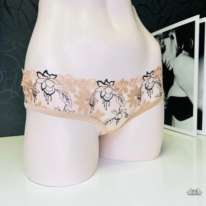 Kvetinově vyšívané béžové kalhotky Yoshie, odvážné a luxusní design