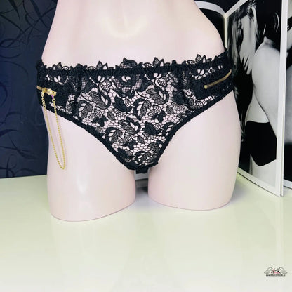 Černé krajkové tanga s jemným zlatým řetízkem, Zindie Thong Black