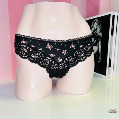 Černé tanga s barevnými květy - XS / Černá / Nové se štítky - Tanga Victoria’s Secret