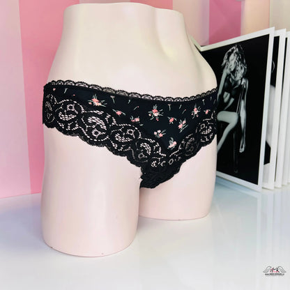 Černé tanga s barevnými květy - XS / Černá / Nové se štítky - Tanga Victoria’s Secret